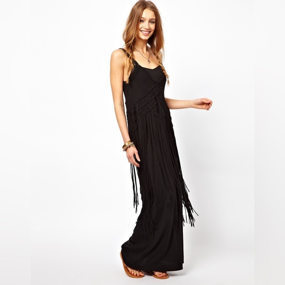 Vintage Ralph Lauren black boho fringe maxi dress - size Medium (M) - Picture 2 of 6